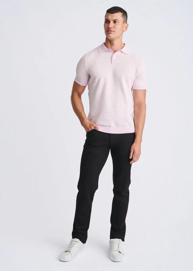 Pink/Milk White Honeycomb Textured Cotton 3-Button Knit Polo PM-16330