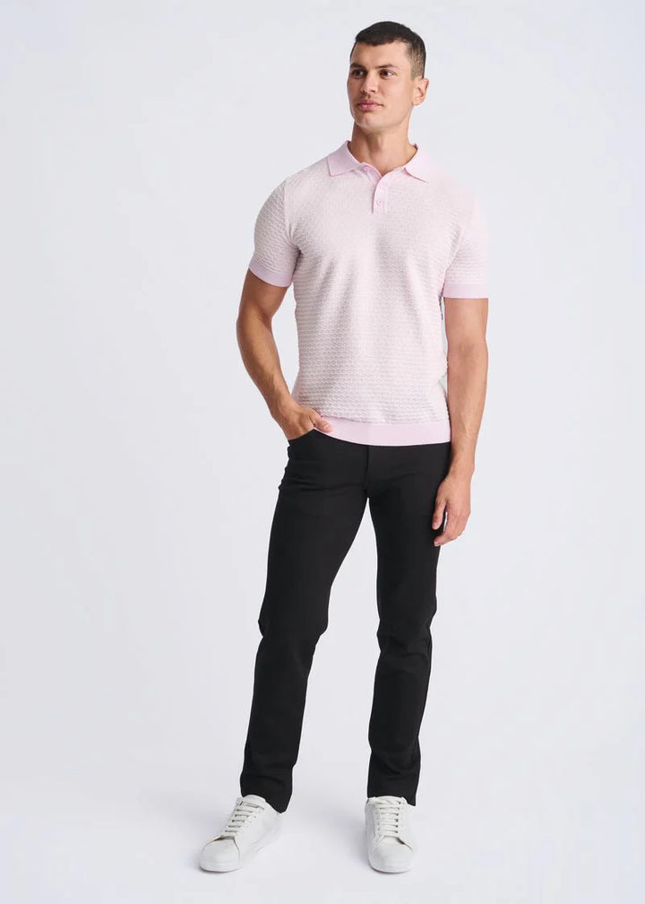 Pink/Milk White Honeycomb Textured Cotton 3-Button Knit Polo PM-16330