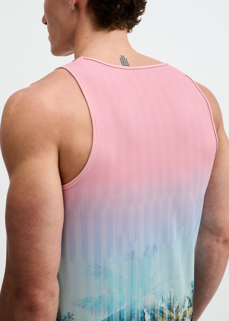 Blush/Aqua Palms Printed Stretch Mesh Tank St-11148