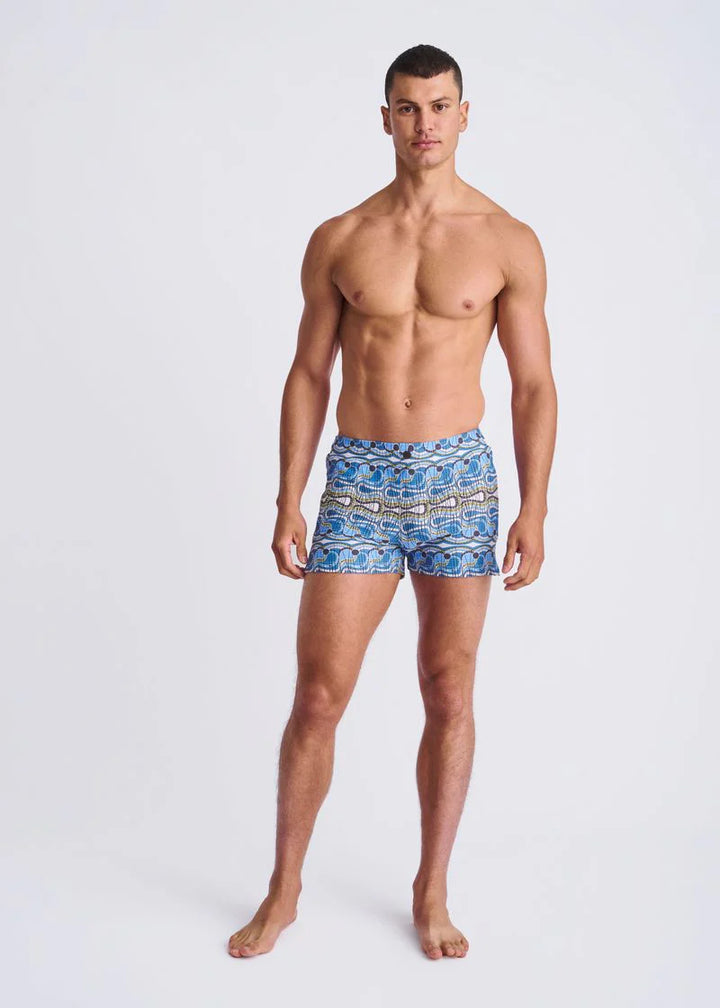 Cobalt/Olive Swirls Printed Seersucker Swim Shorts W/Mesh Lining PM-6018-51