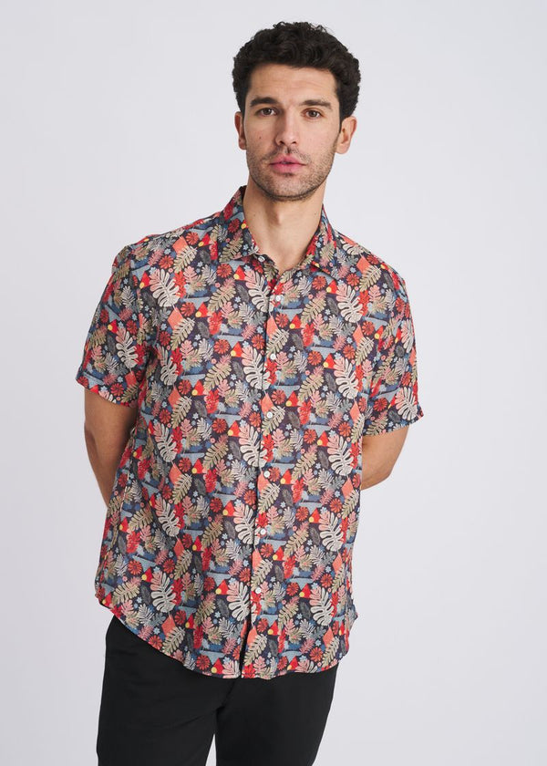 Lightweight Linen/Tencel Short Sleeve Shirt Navy/Sage Leaves