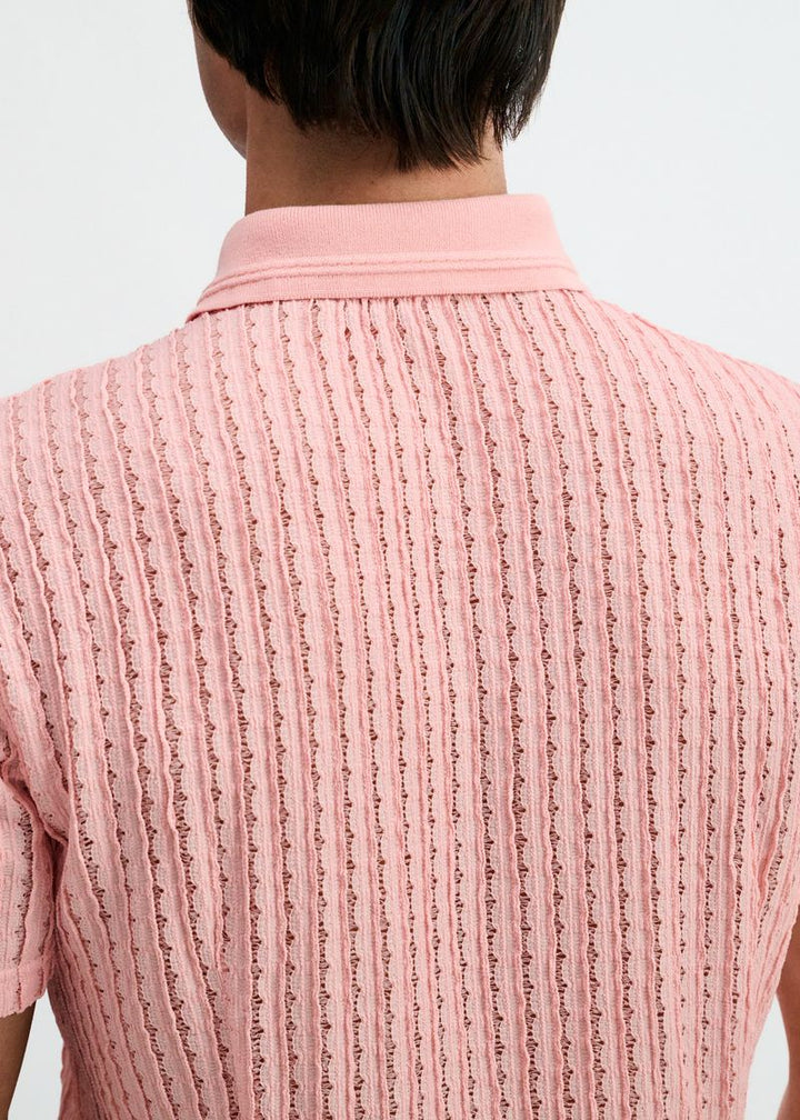 Pink Open Knit Short Sleeve Shirt W/Rib Collar St-24076