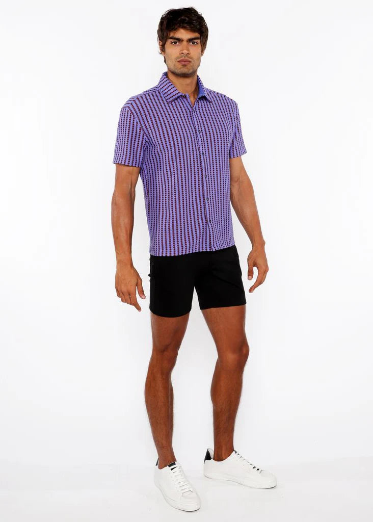 Grape/Brick Stripe Stretch Open Knit Short Sleeve Shirt St-24062