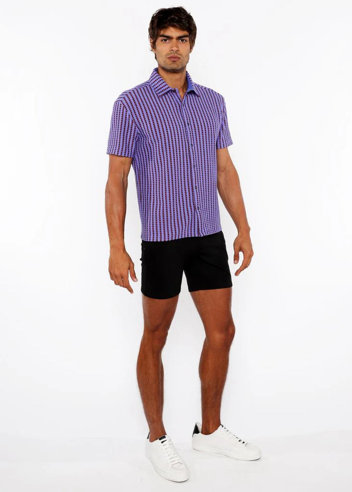 Grape/Brick Stripe Stretch Open Knit Short Sleeve Shirt St-24062