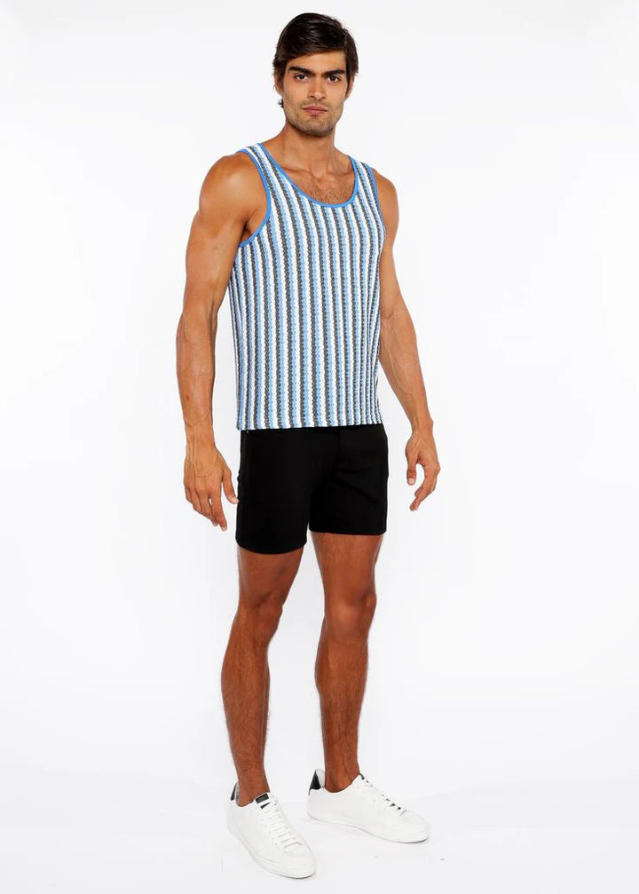 Aqua/Midnight Stripes Stretch Open Knit Tank Top St-24217