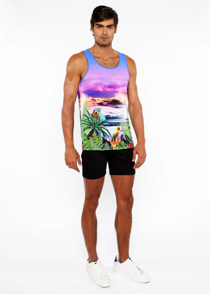 Purple/Fuchsia Tropics Printed Stretch Mesh Tank Top St-11134