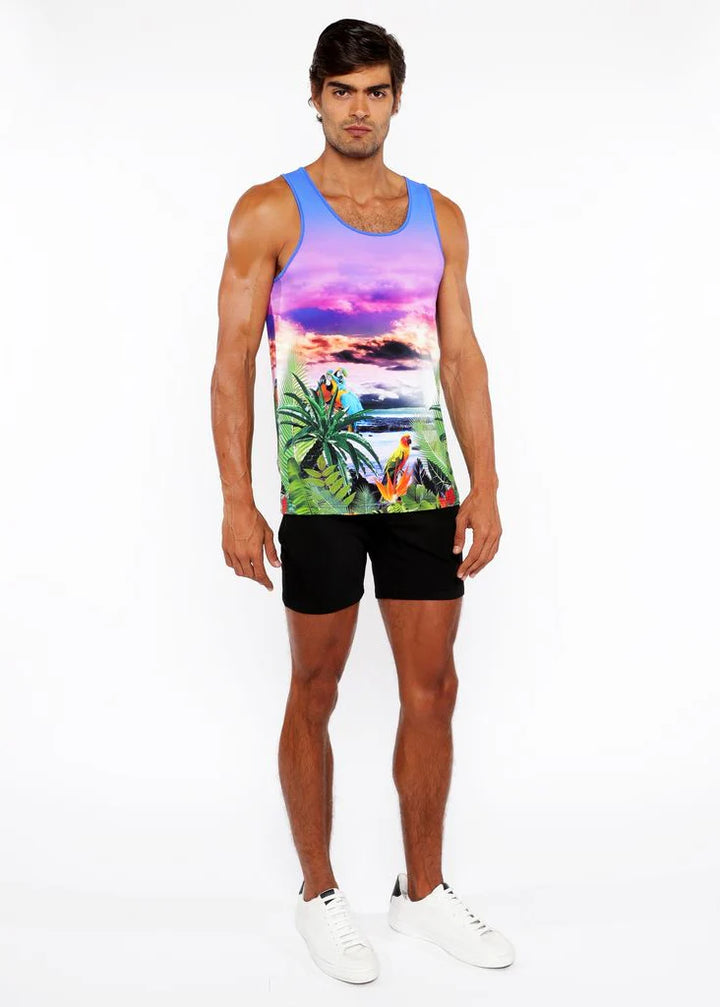 Purple/Fuchsia Tropics Printed Stretch Mesh Tank Top St-11134