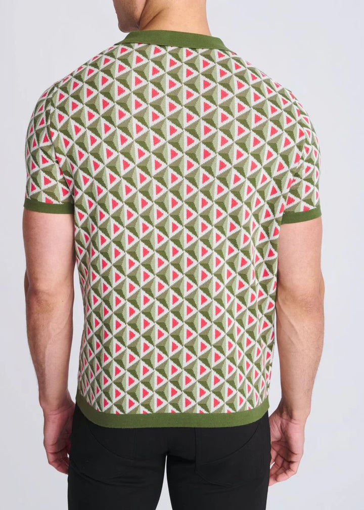 Olive/Weed Triangles Jacquard Cotton 3-Button Knit Polo PM-16327