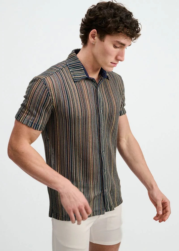 Vertical Stripe Open Knit Stretch Short Sleeve Shirt