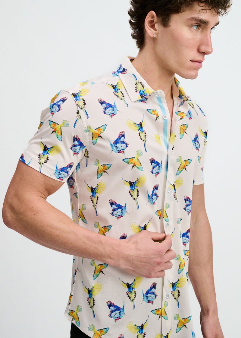 Blue/Yellow Birds Printed Cotton Knit Jersey Short Sleeve Shirt W/Placket Detail St-9359