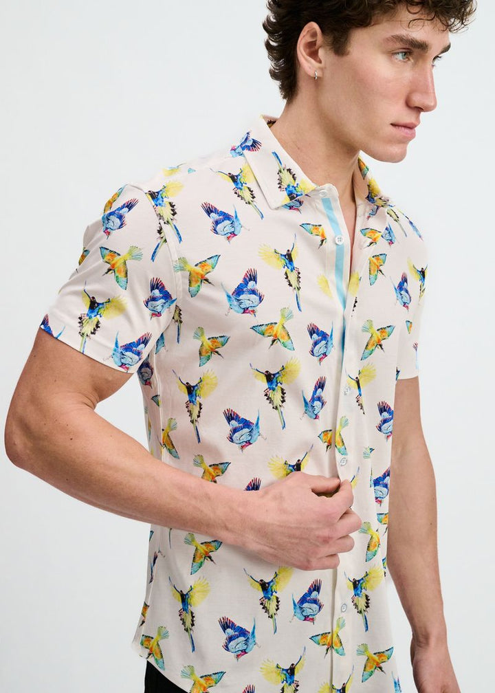 Blue/Yellow Birds Printed Cotton Knit Jersey Short Sleeve Shirt W/Placket Detail St-9359