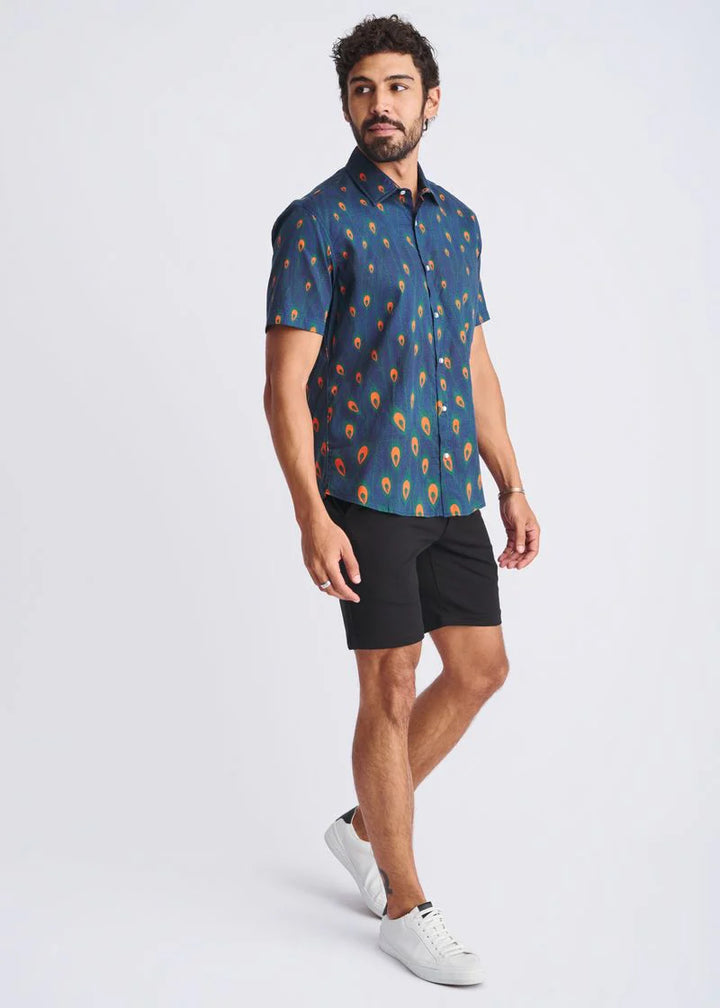 Navy/Peacock Feathers Printed Lightweight Cotton/Tencel Short Sleeve Shirt PM-47051