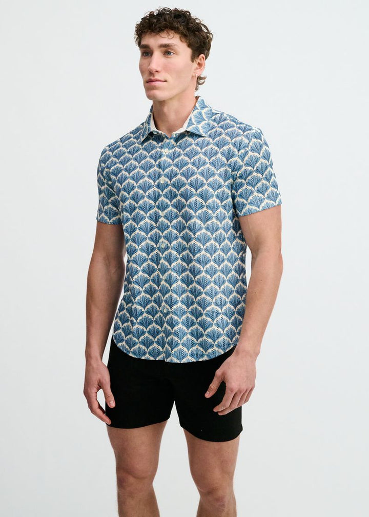 Slate/Blue Floral Printed Open Knit Stretch Short Sleeve Shirt St-48077