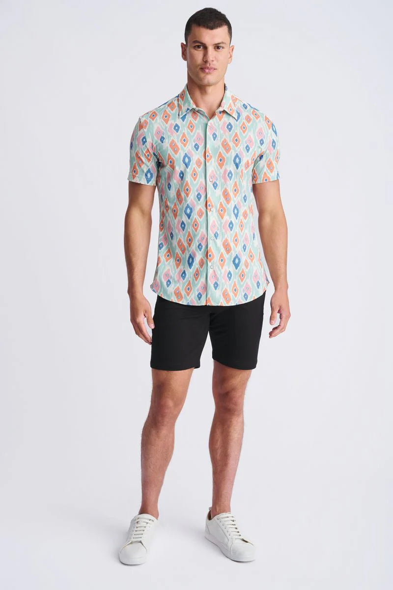 Mint/Coral Diamonds Printed Performance Short Sleeve Shirt W/ Contrast Placket PM-76112