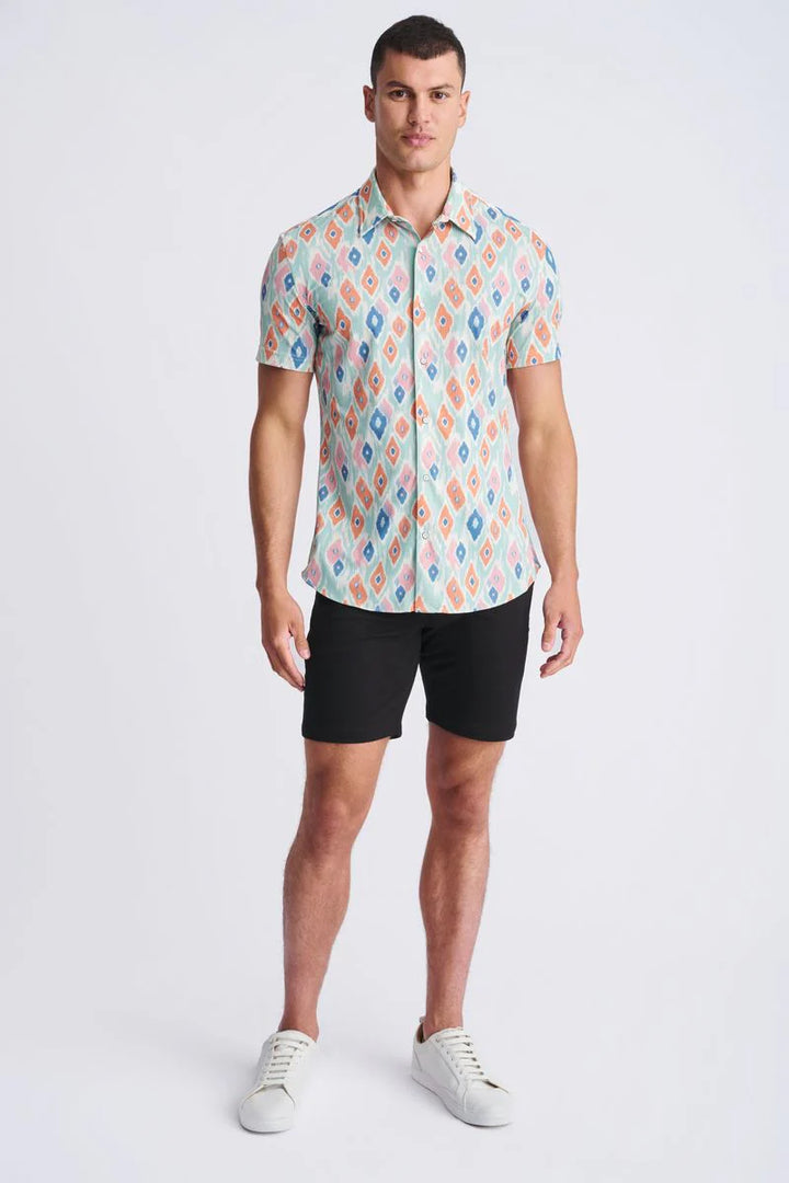 Mint/Coral Diamonds Printed Performance Short Sleeve Shirt W/ Contrast Placket PM-76112