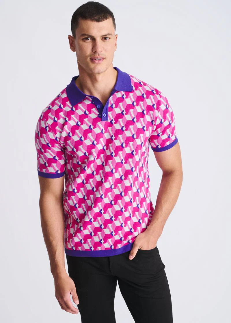 Blush/Pink 3D Cubes Jacquard Cotton 3-Button Knit Polo PM-16325