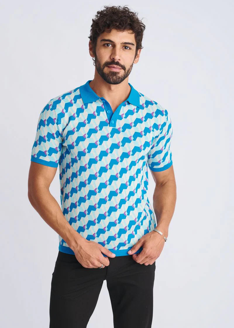 Cobalt/Teal 3D Cubes Jacquard Cotton 3-Button Knit Polo PM-16325