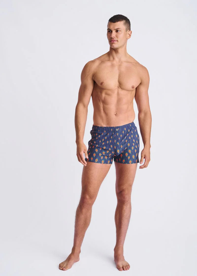 Navy/Peacock Feathers Printed Seersucker Swim Shorts W/Mesh Lining PM-6018-54