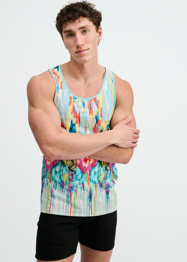 Teal/Multi Drips Printed Stretch Mesh Tank St-11150