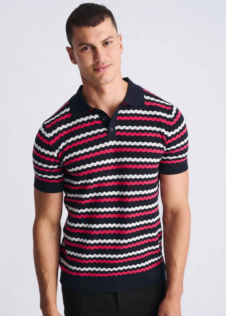 Bubble Gum/Navy/Off White Wave Textured Cotton 3-Button Knit Polo PM-16320
