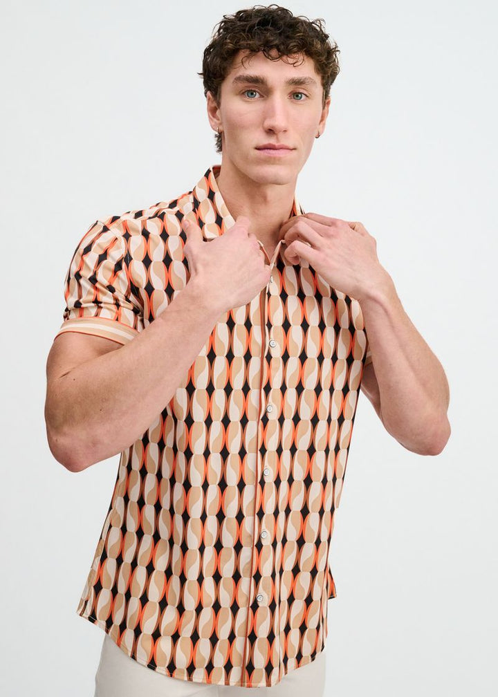 Spice/Sand Beads Printed Performance Stretch Short Sleeve Shirt W/Placket Detail St-26028