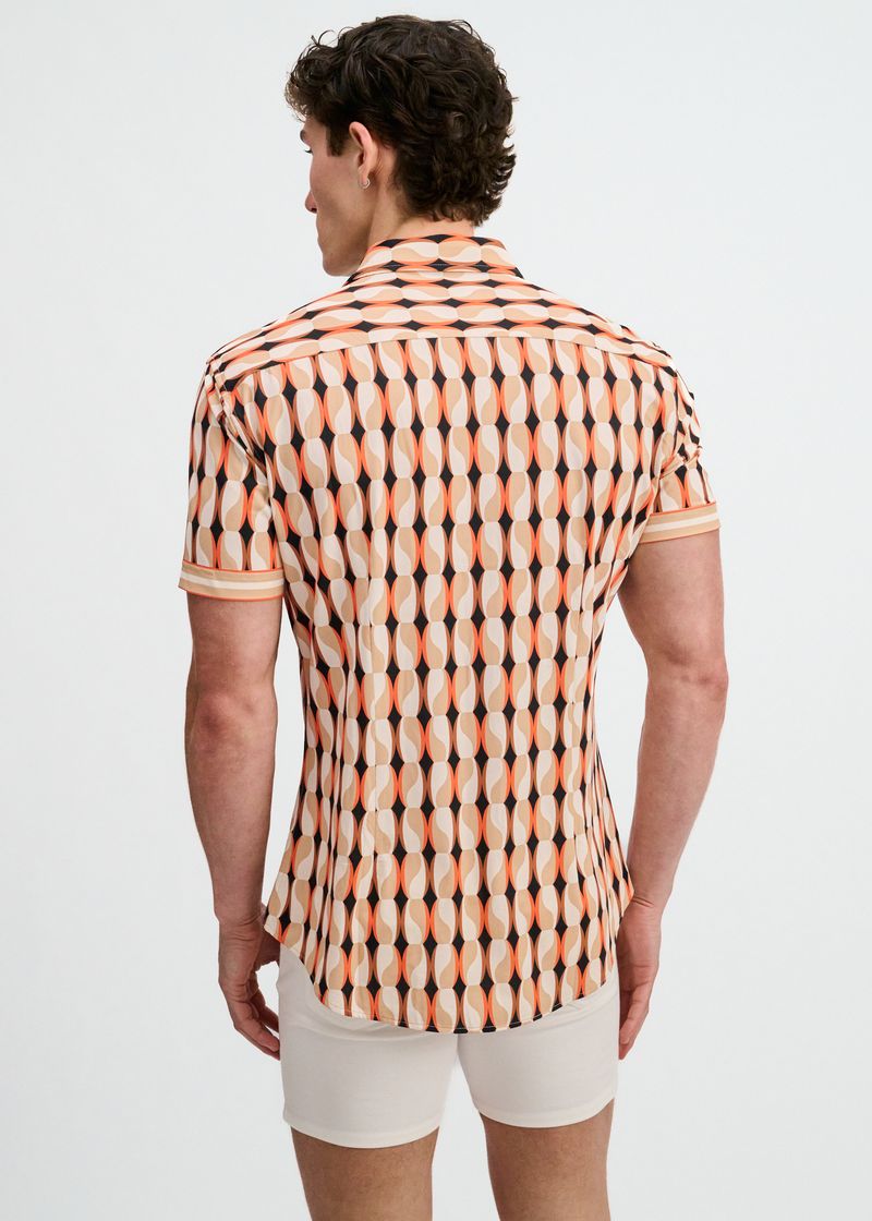Spice/Sand Beads Printed Performance Stretch Short Sleeve Shirt W/Placket Detail St-26028