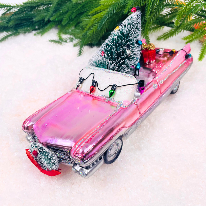 Oversized Pink Cadillac w/Tree Ornament Glass, 8.25in