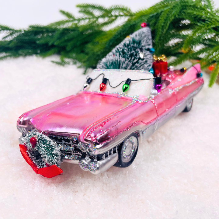 Oversized Pink Cadillac w/Tree Ornament Glass, 8.25in