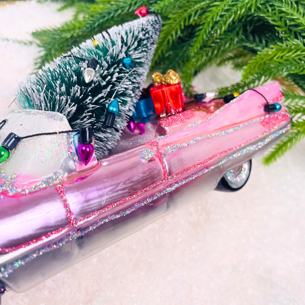Oversized Pink Cadillac w/Tree Ornament Glass, 8.25in
