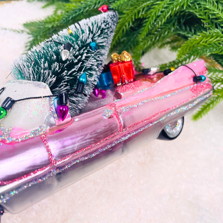 Oversized Pink Cadillac w/Tree Ornament Glass, 8.25in