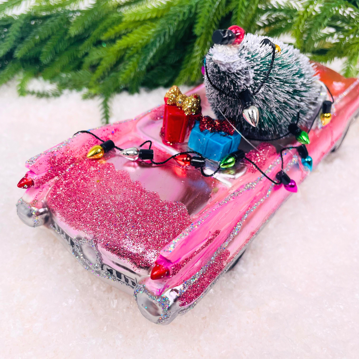 Oversized Pink Cadillac w/Tree Ornament Glass, 8.25in