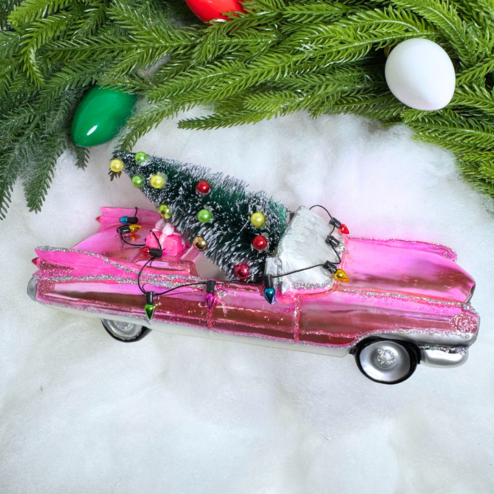 Oversized Pink Cadillac w/Tree Ornament Glass, 8.25in