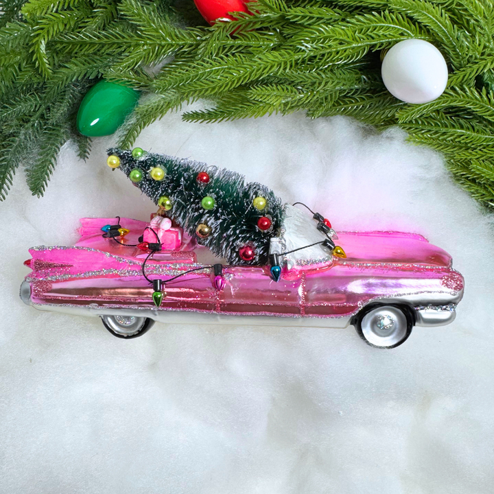 Oversized Pink Cadillac w/Tree Ornament Glass, 8.25in