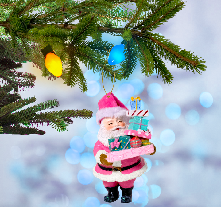 Santa w/Gift Box Ornament, 4.5in