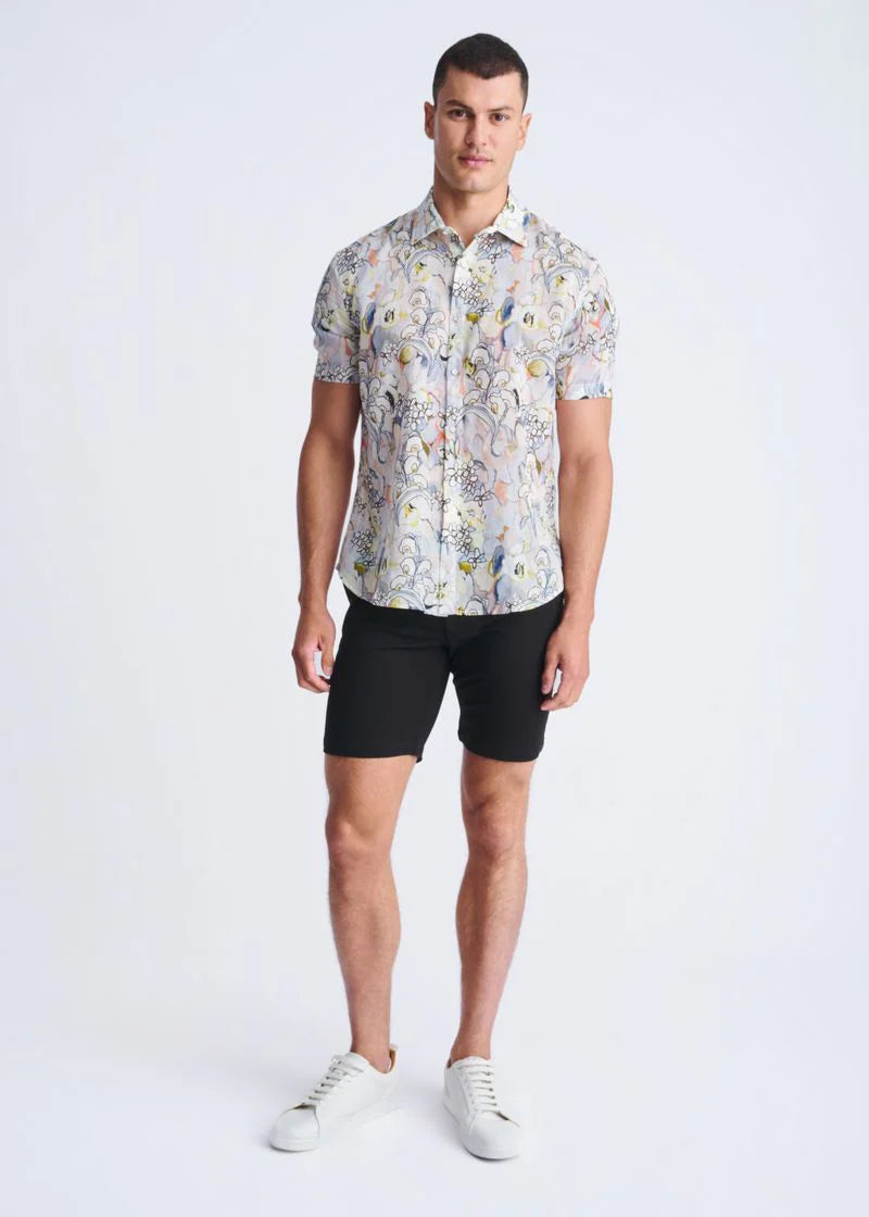 Orchid/Coral Floral Printed Lightweight Linen/Tencel Short Sleeve Shirt PM-45039