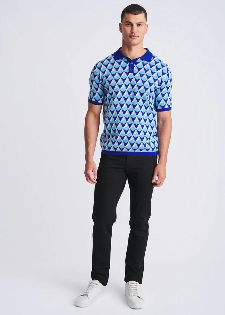 Blue/Cobalt Pyramids Jacquard Cotton 3-Button Knit Polo PM-16326