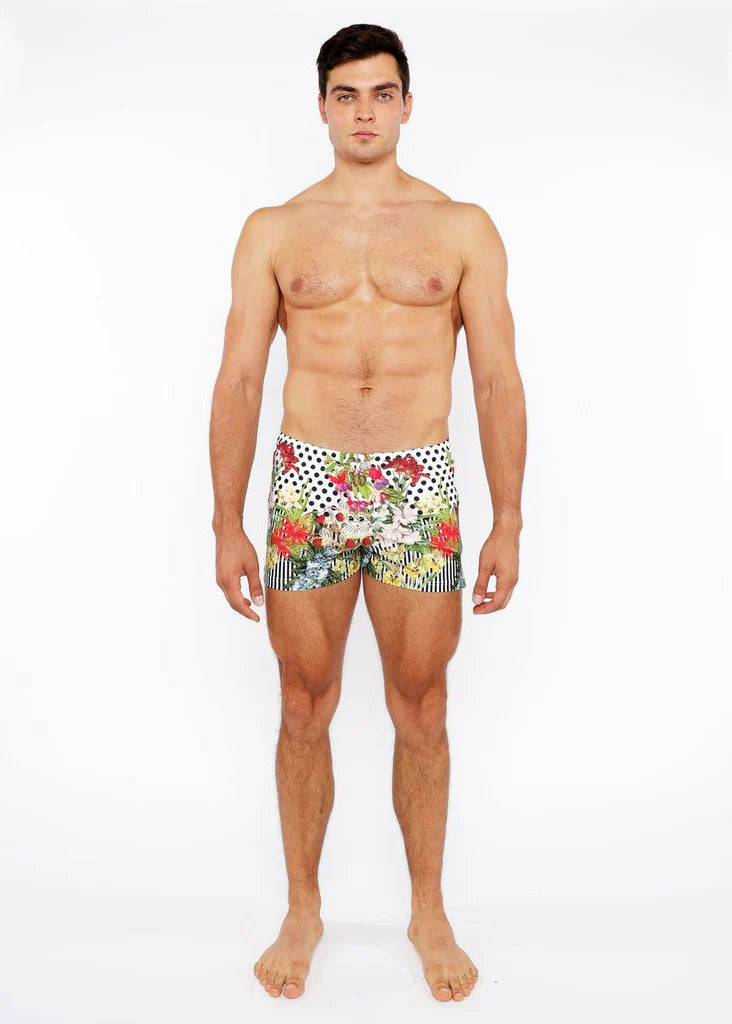 Black/White Dots Floral Printed Swim Short W/Mesh Brief Lining St-8024-03
