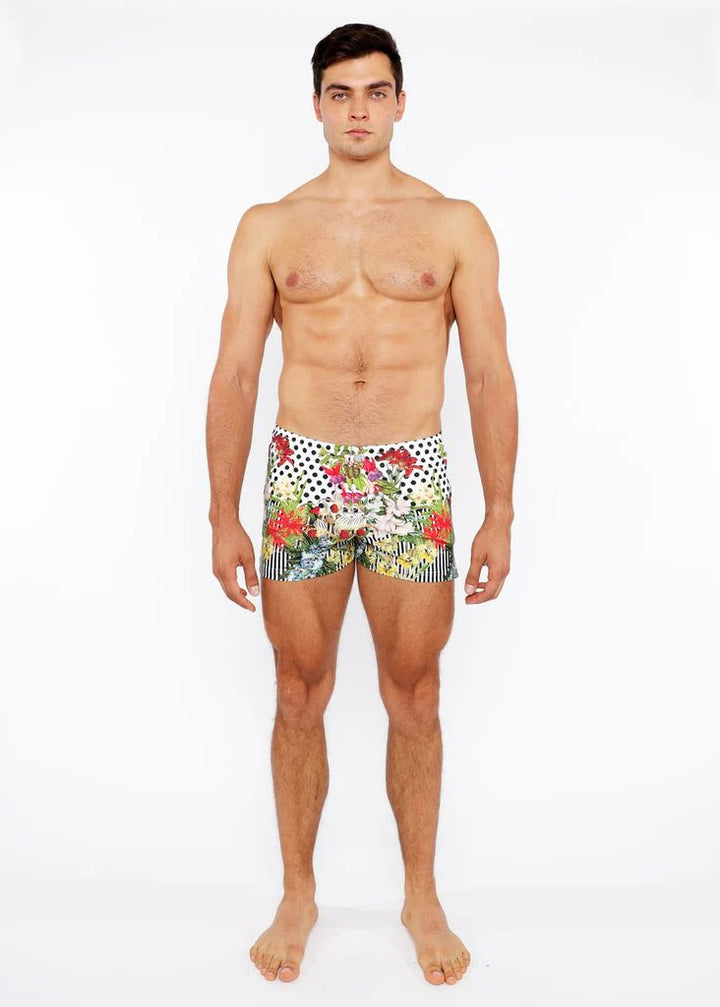 Black/White Dots Floral Printed Swim Short W/Mesh Brief Lining St-8024-03