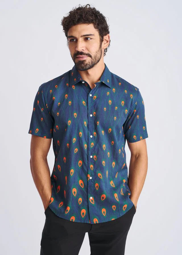 Navy/Peacock Feathers Printed Lightweight Cotton/Tencel Short Sleeve Shirt PM-47051
