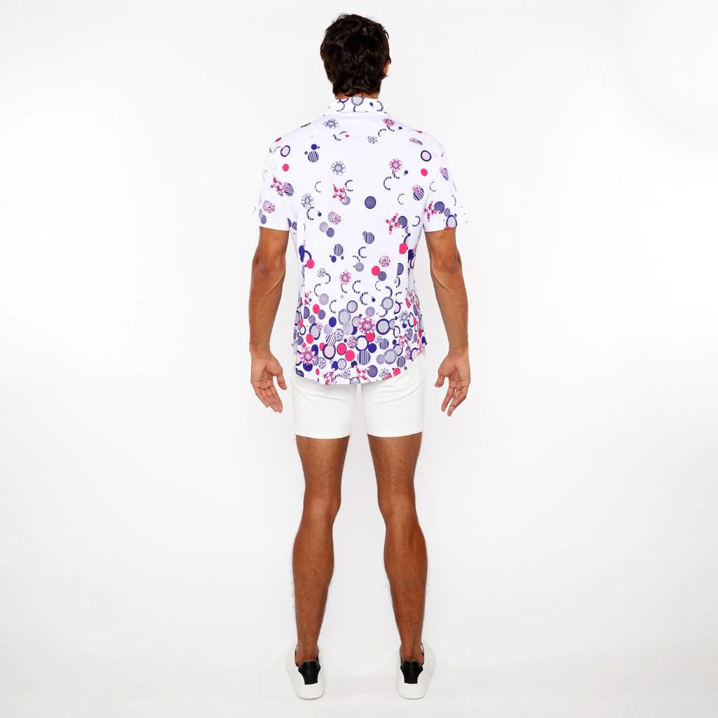 Fuchsia/Navy Circles Border Print Cotton Jersey Knit Short Sleeve Shirt St-9340