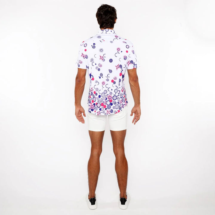 Fuchsia/Navy Circles Border Print Cotton Jersey Knit Short Sleeve Shirt St-9340