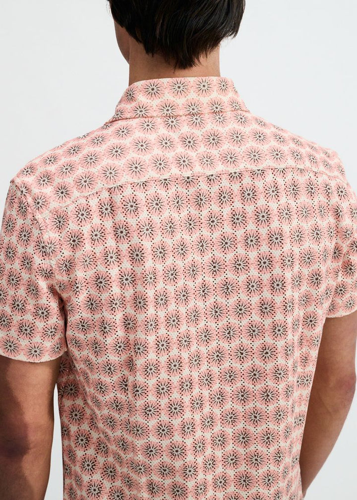 Sorbet/Crepe Medallions Printed Open Knit Stretch Short Sleeve Shirt St-48078