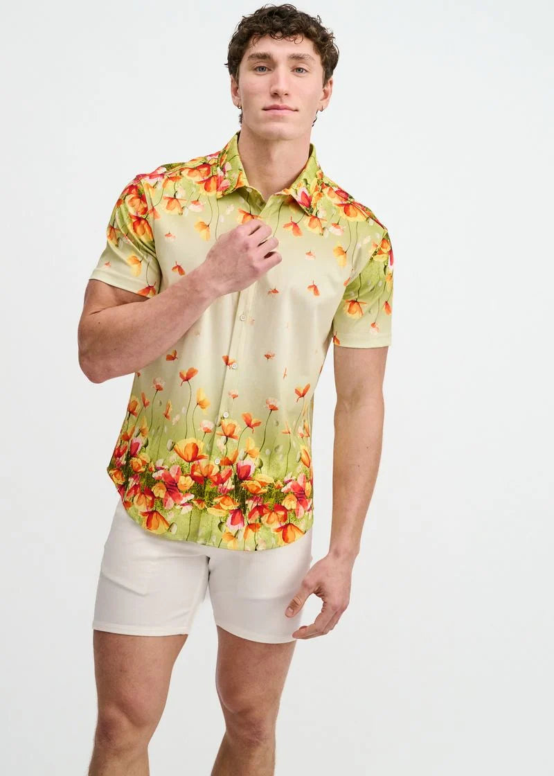 Grass/Orange Floral Border Print Jersey Short Sleeve Shirt