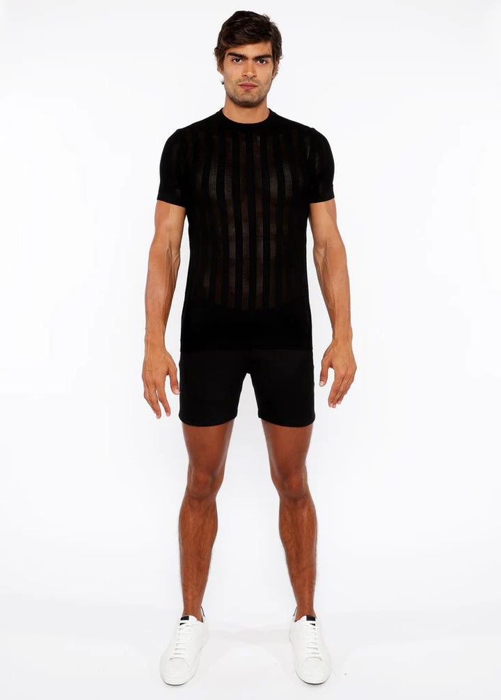 Black Textured Knitted Crew Tee St-24304