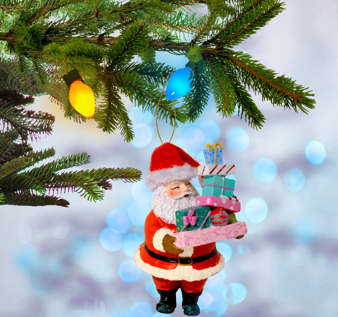 Santa w/Gift Box Ornament, 4.5in