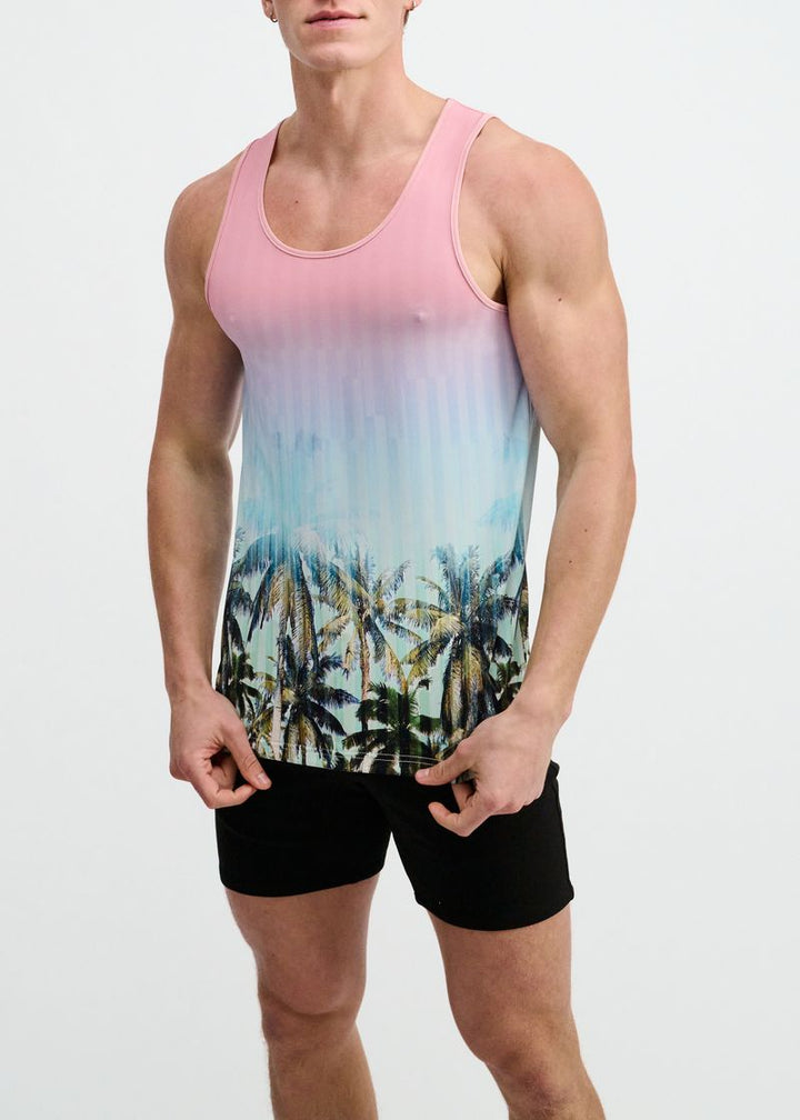 Blush/Aqua Palms Printed Stretch Mesh Tank St-11148