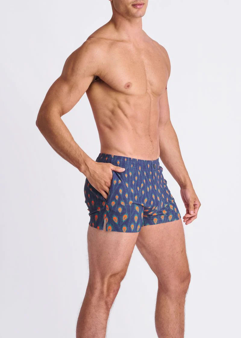 Navy/Peacock Feathers Printed Seersucker Swim Shorts W/Mesh Lining PM-6018-54