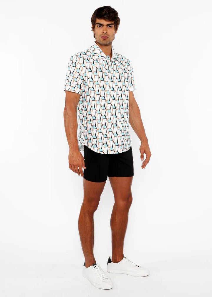Stalk/Ochre 3D Boxes Printed Open Knit Stretch Short Sleeve Shirt St-48073