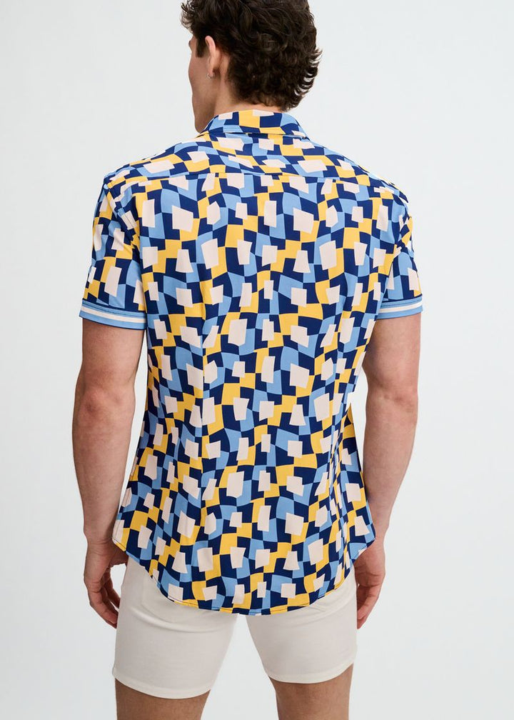 Atlantic/Yellow Abstract Printed Performance Stretch Short Sleeve Shirt W/Placket Detail St-26027
