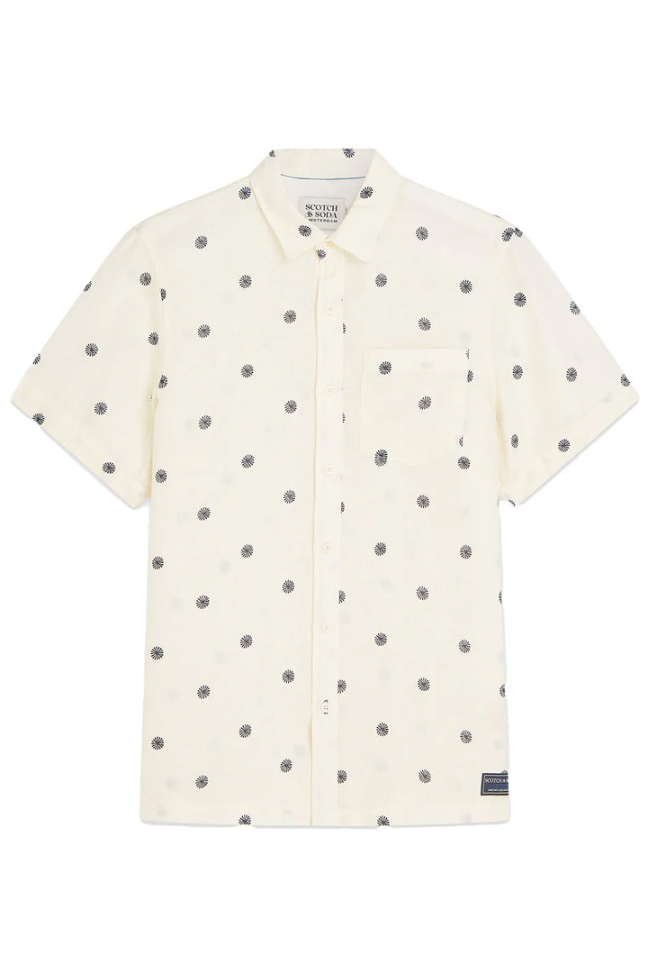 Linen Printed Regular-Fit Short-Sleeved Shirt Tiles Stars Eggnog